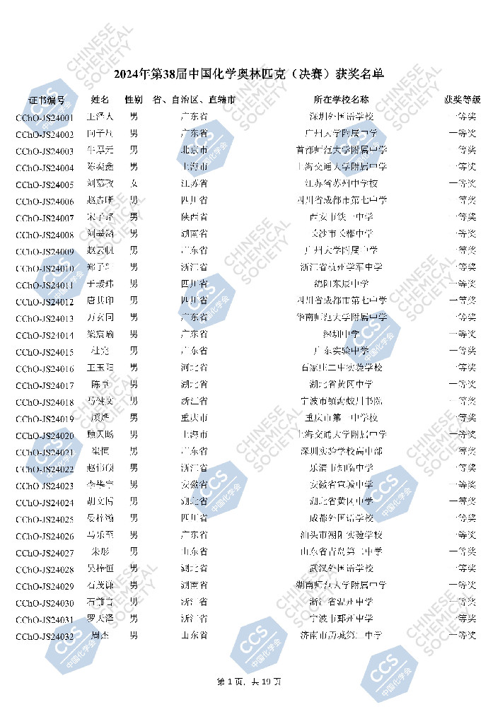 2024年第38届中国化学奥林匹克(决赛)获奖名单