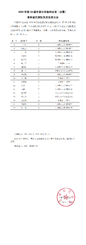 2025 年第 39 届中国化学奥林匹克（决赛）  吉林省代表队队员名单公示